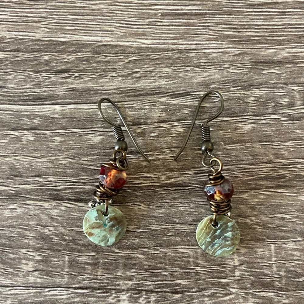 Handcrafted abalone shell dangle earrings beaded festival boho vacation jewelry